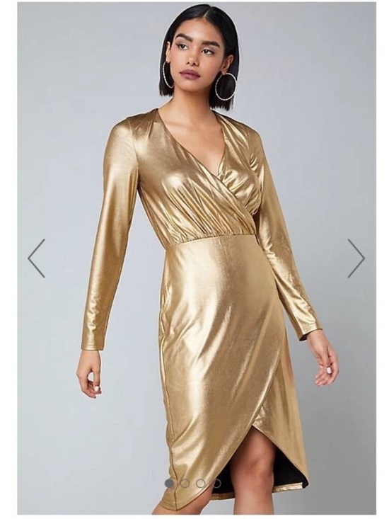 bebe Dresses & Skirts - bebe Metallic Gold Wrap-Front Long Sleeve Midi Dress